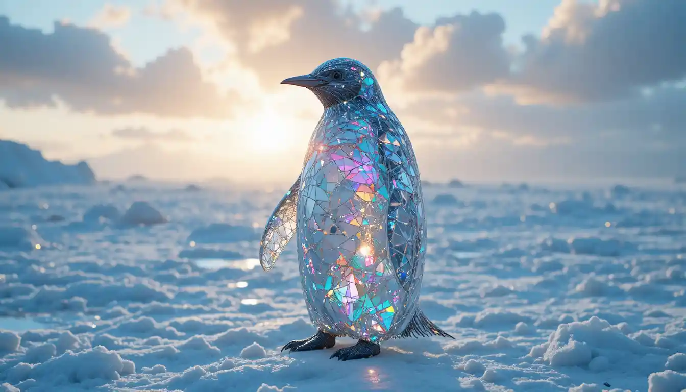 Crystal penguin in arctic snow at golden hour