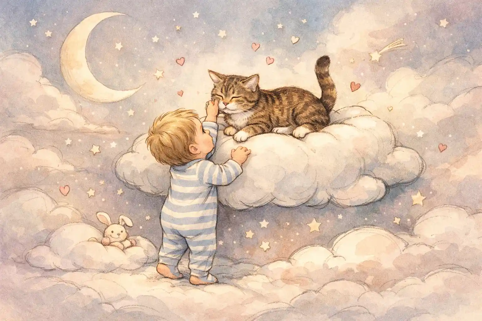 Curious toddler petting a cat on a fluffy cloud pillow