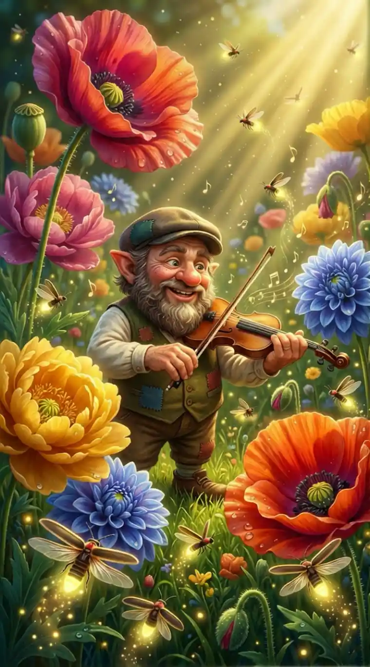 Dwarf Playing Violin Among Giant Flowers At Low Angle
