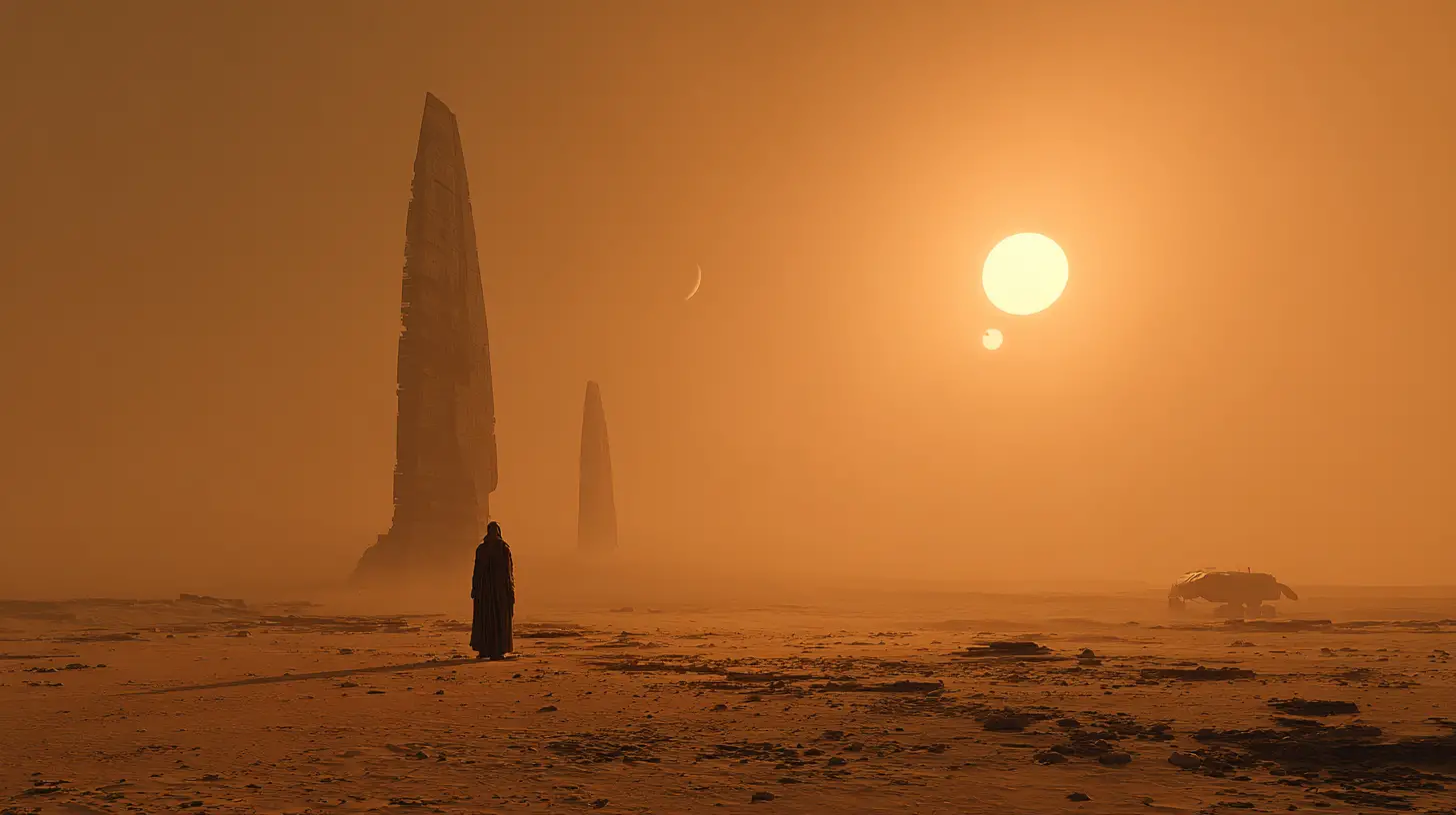 Tall alien priestess with guards under twin desert suns