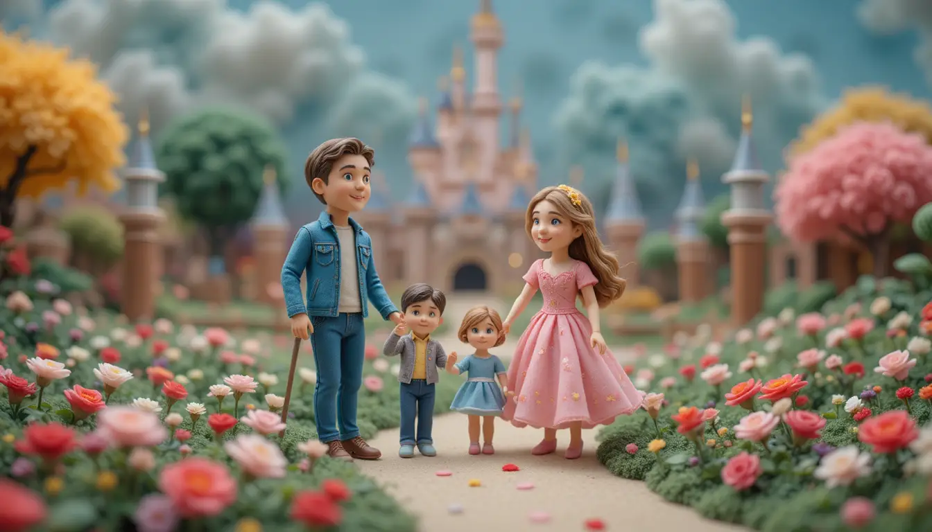 Felted family scene in a whimsical theme park