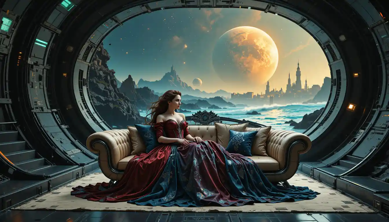 Gothic queen on black sand shore beneath colossal red planet