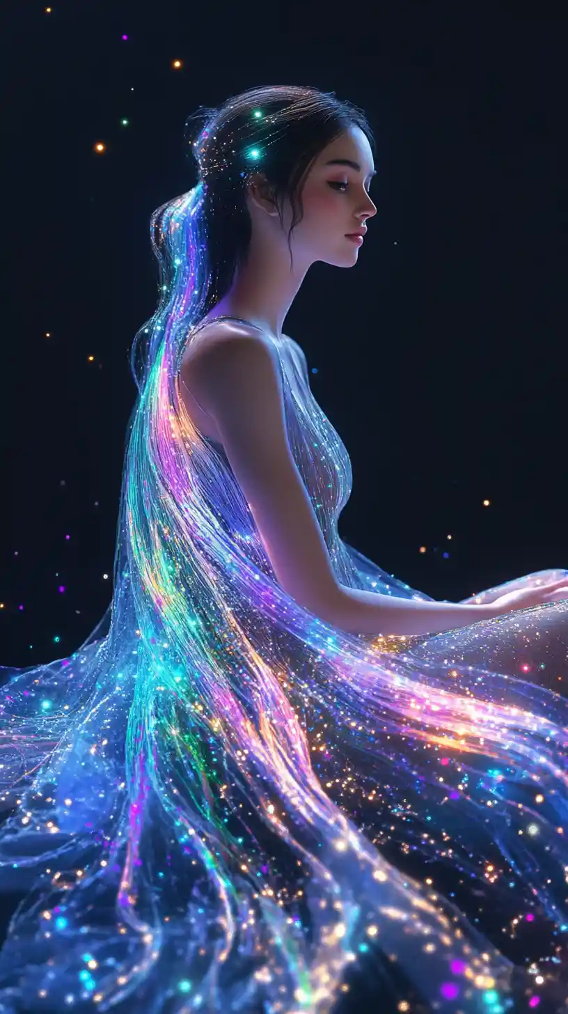 Ethereal woman in starlit gown with glowing particle aura