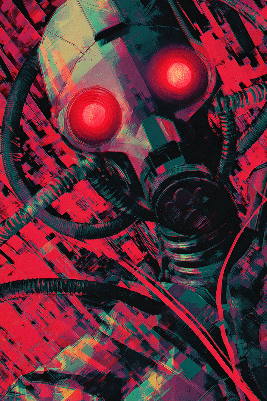 Steel armed killer robot with glowing red eyes