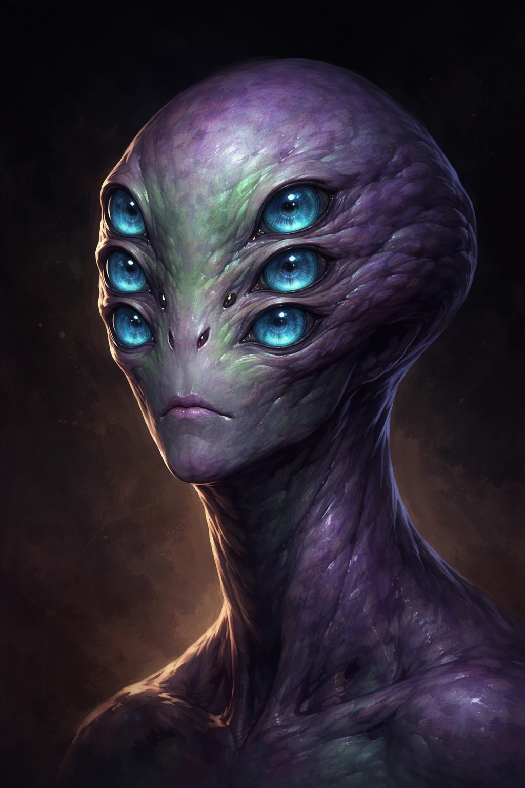Six eyed alien portrait with glowing blue eyes