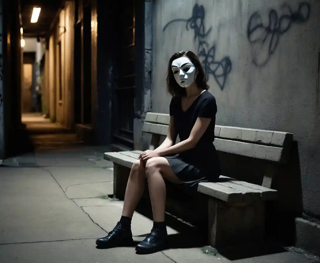 Masked woman on stone bench in dark urban alley