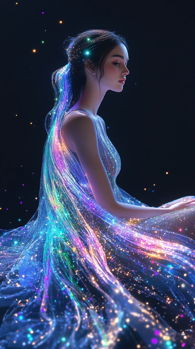 Donna eterea in abito stellato con aura di particelle luminose
