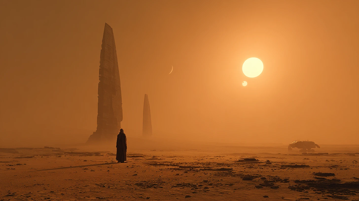 Tall alien priestess with guards under twin desert suns