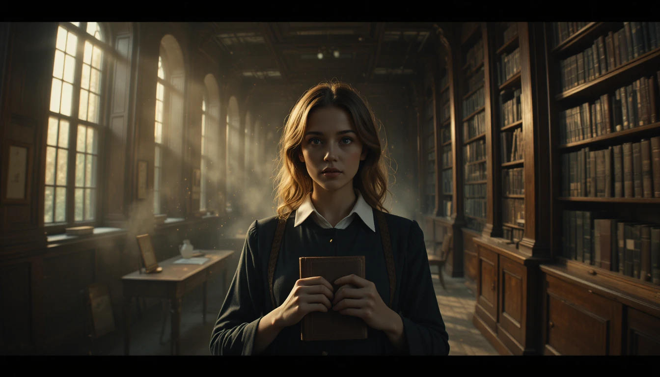 Woman holding a book in soft golden library light
