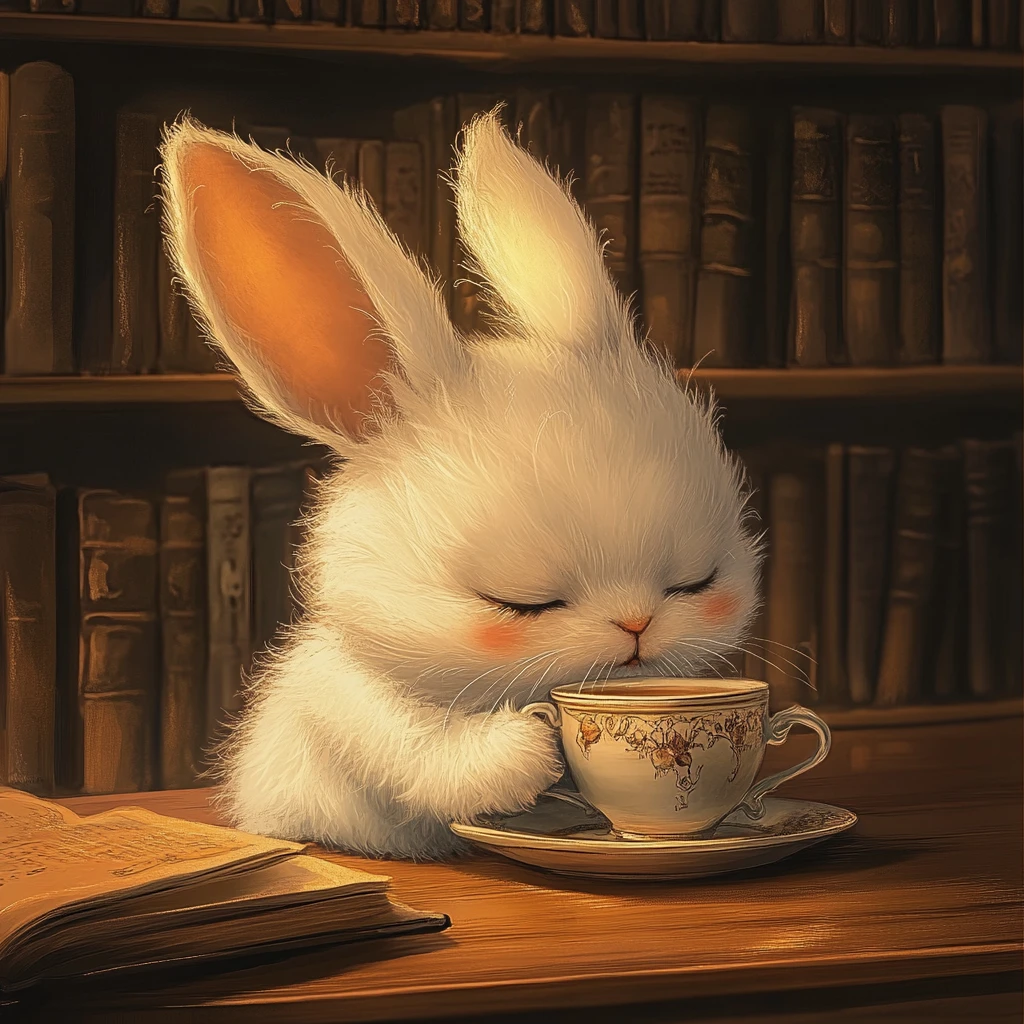 Conejito lindo y esponjoso tomando té en una biblioteca acogedora
