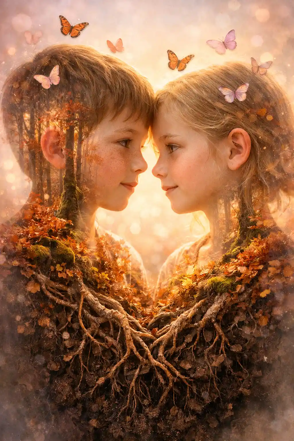 Double exposure portrait of children with autumn forest