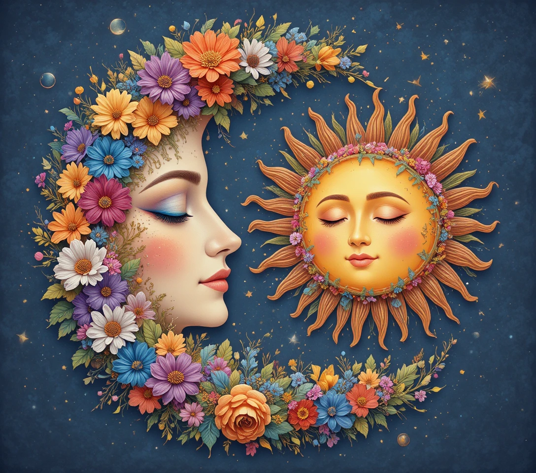 Crescent Moon And Sun With Floral Celestial Faces