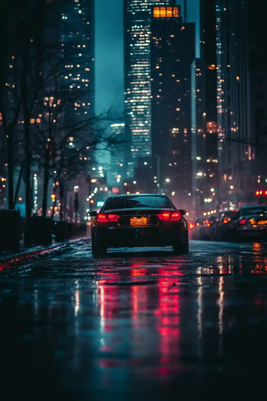 Car gliding through midnight glass city in cinematic view