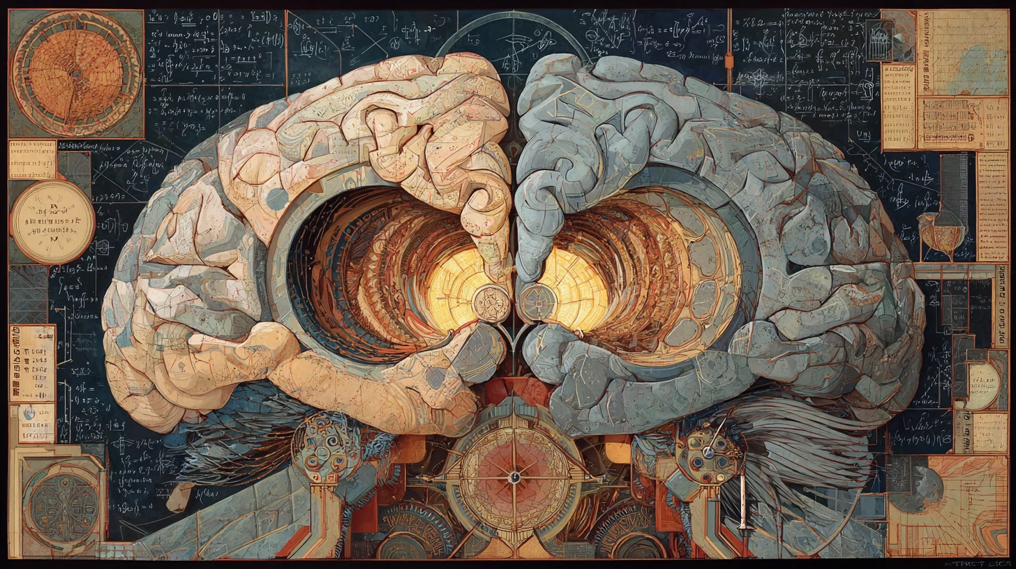 Fantasy brain hemispheres blending science and creativity