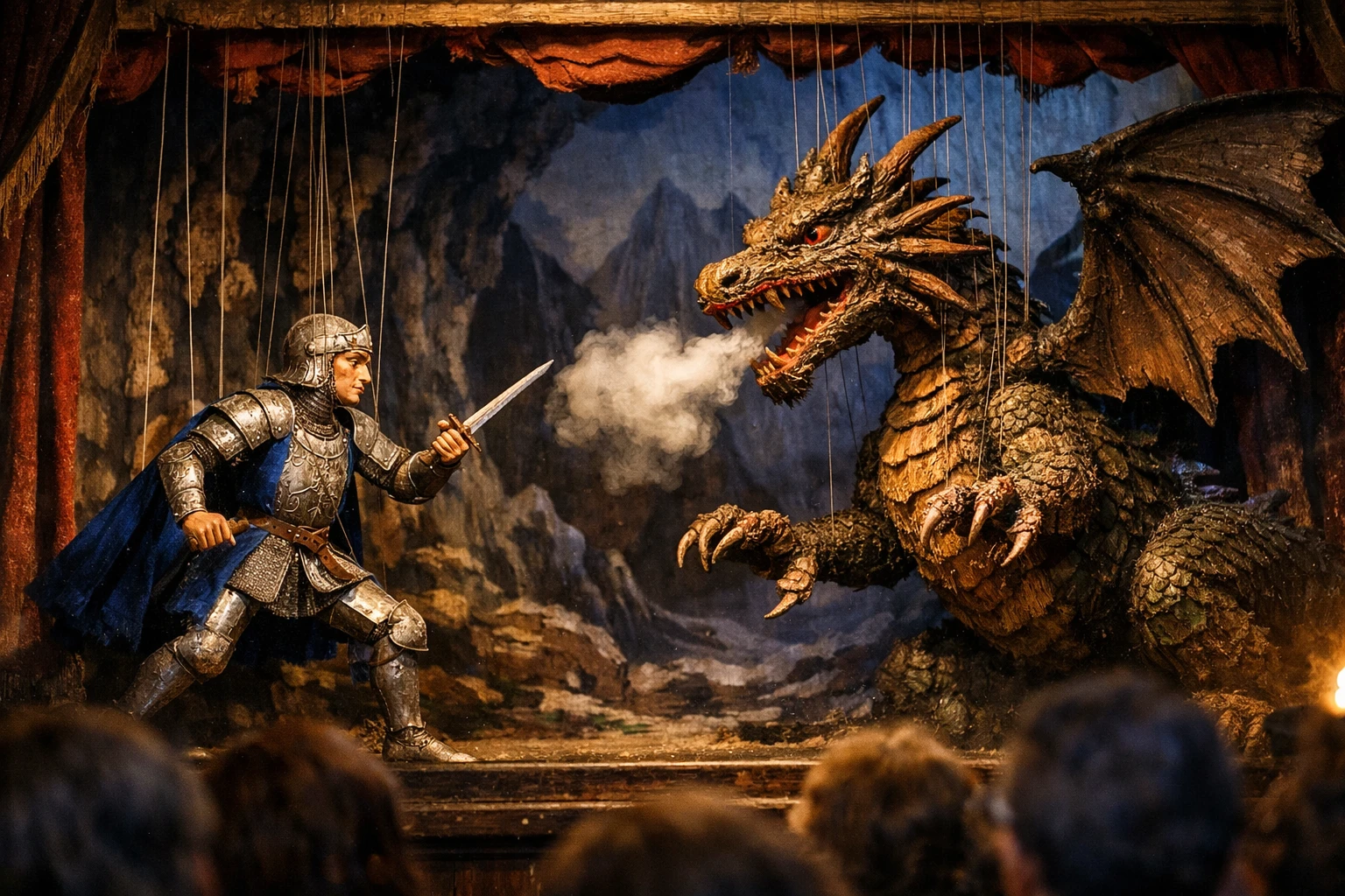Puppet knight confronting dragon on dramatic theater stage