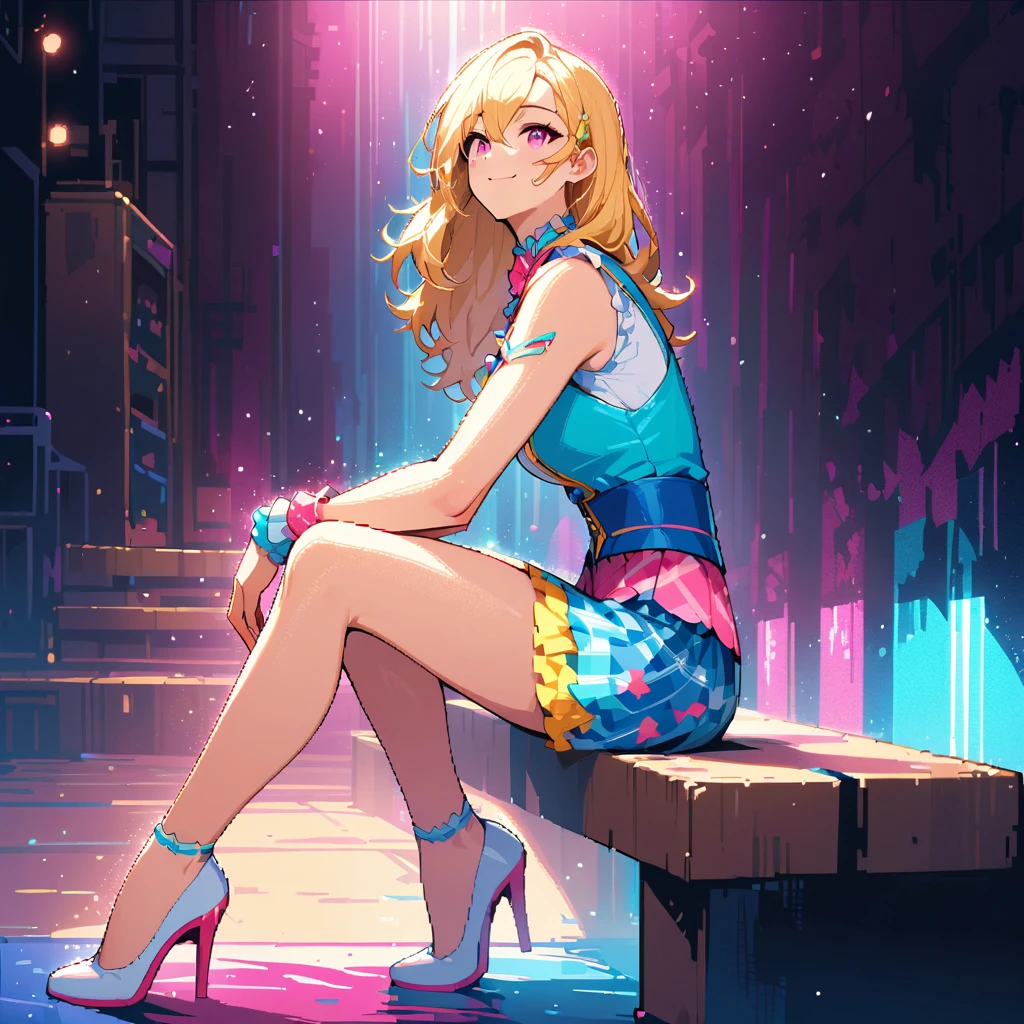 Fröhliches blonde Anime-Idol-Mädchen auf der Bühne