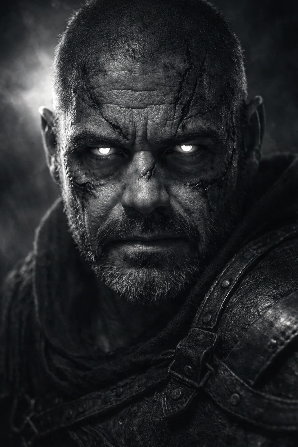 Monochrome Close Up Portrait Of Scarred Orc Warrior