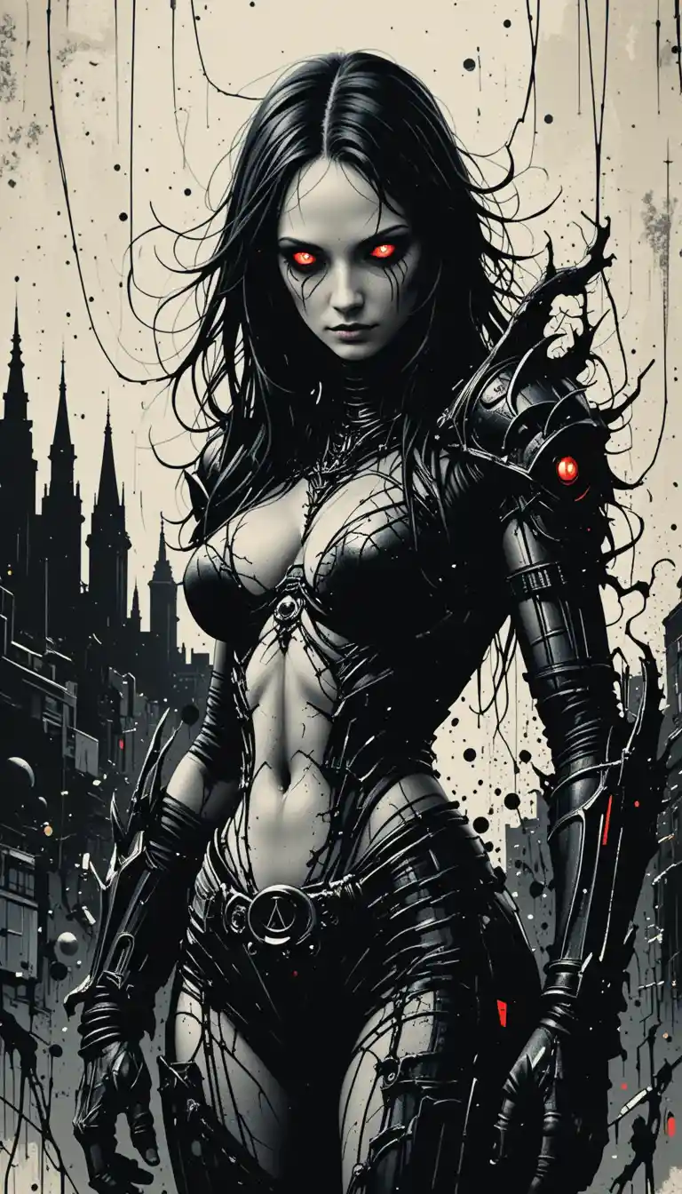 Alien warrior woman in armored gear with fierce red eyes