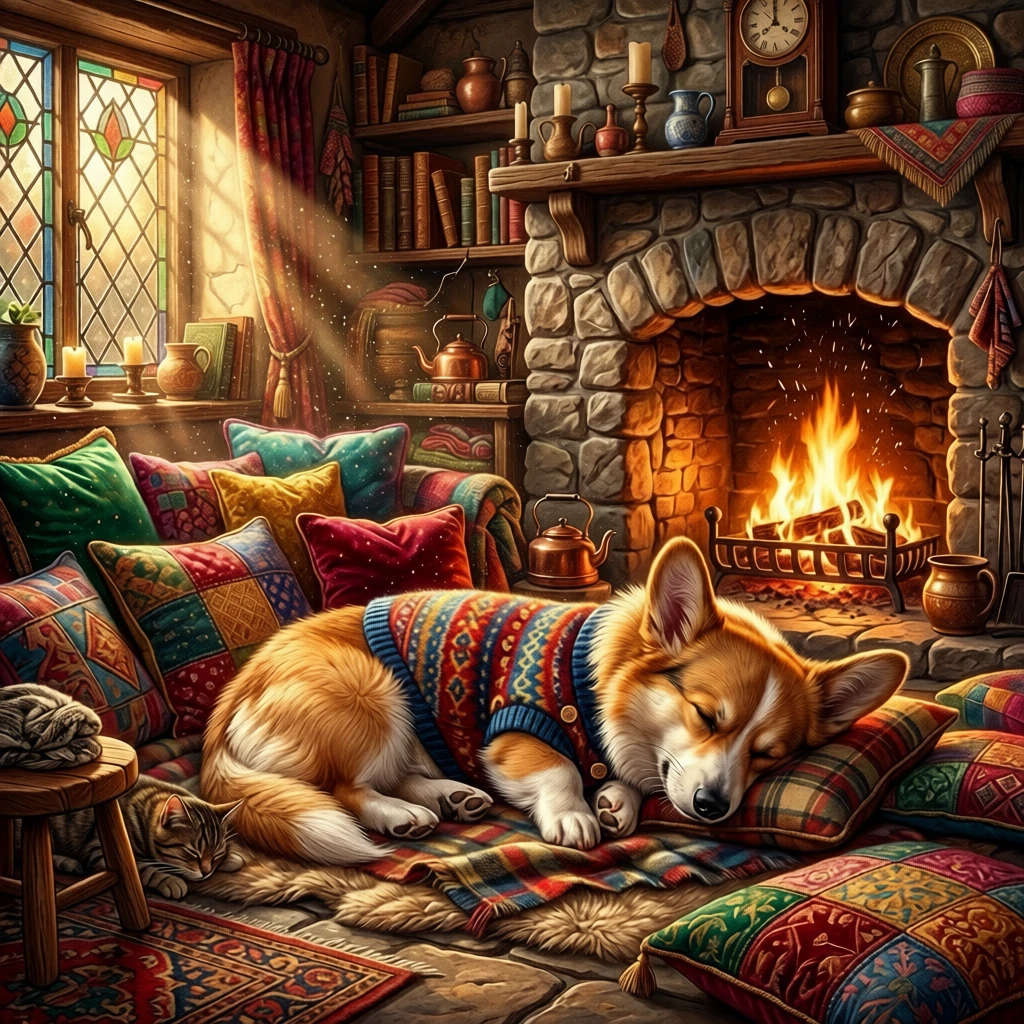 Corgi Curled Up By A Fireplace In A Cozy Cottage