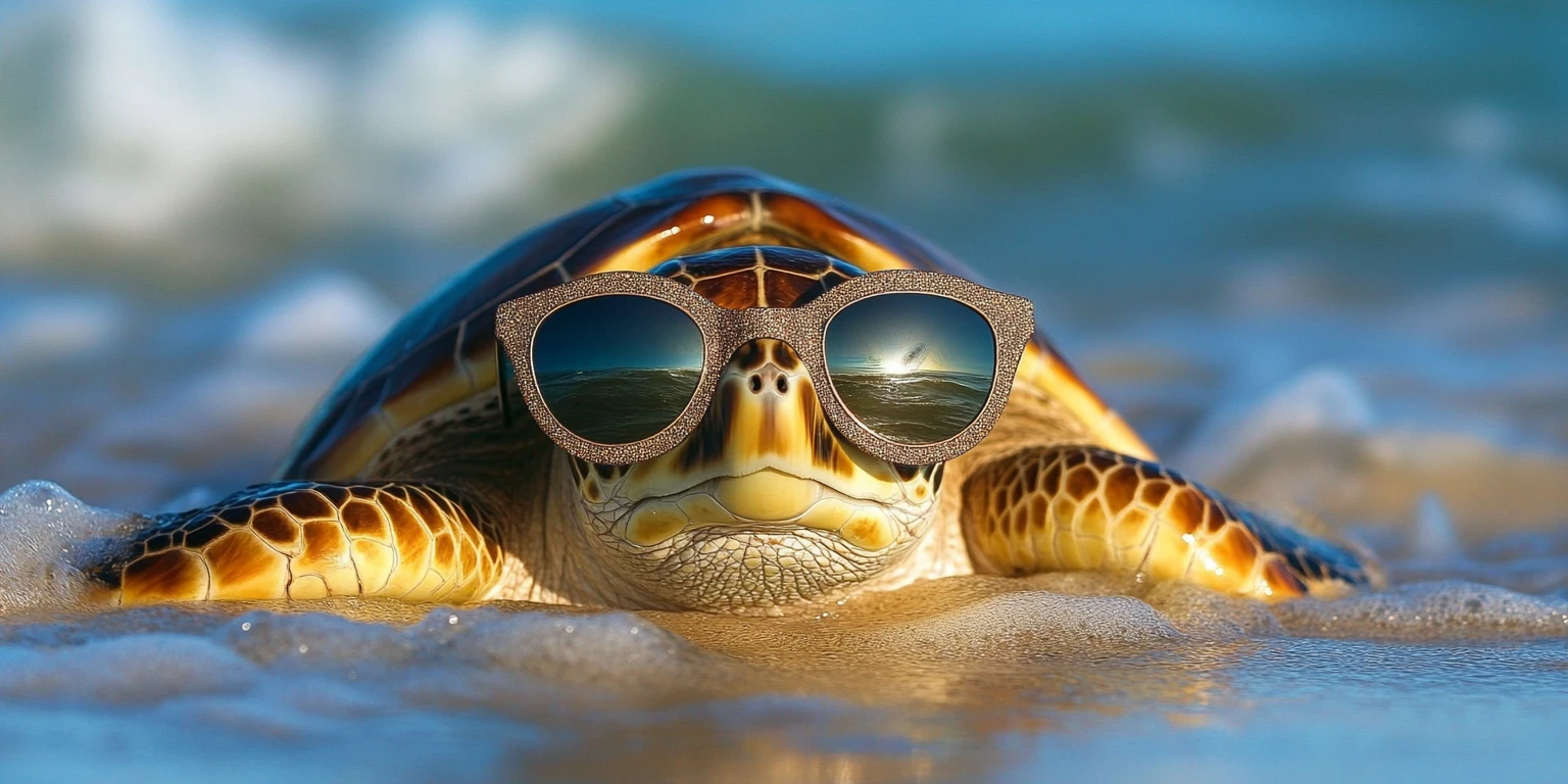 Stylish sea turtle wearing sunglasses on a sunny beach