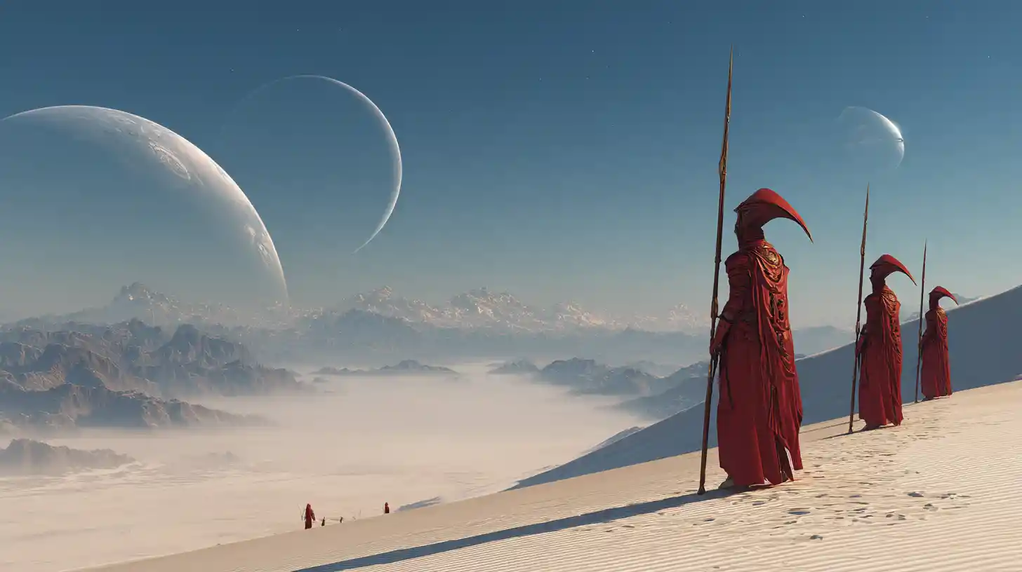 Tall desert priestess with guards under twin suns