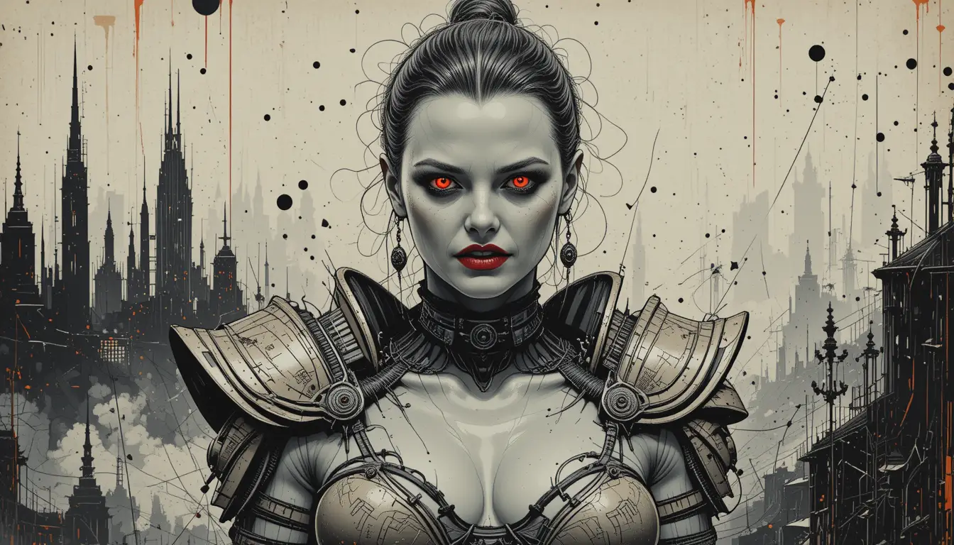 Alien warrior woman in armor with intense red eyes