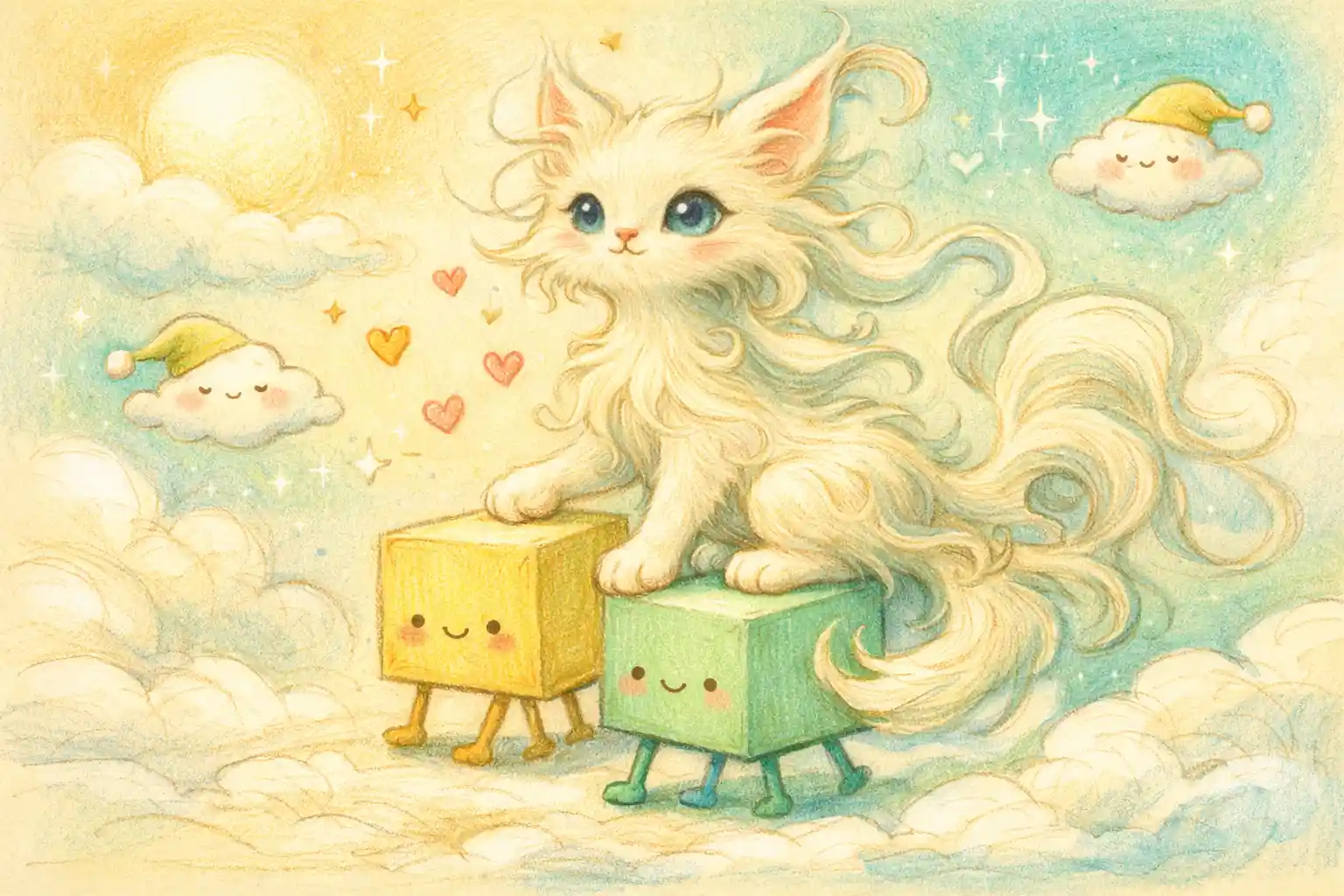 Whimsical baby cat on pastel walking blocks in sky