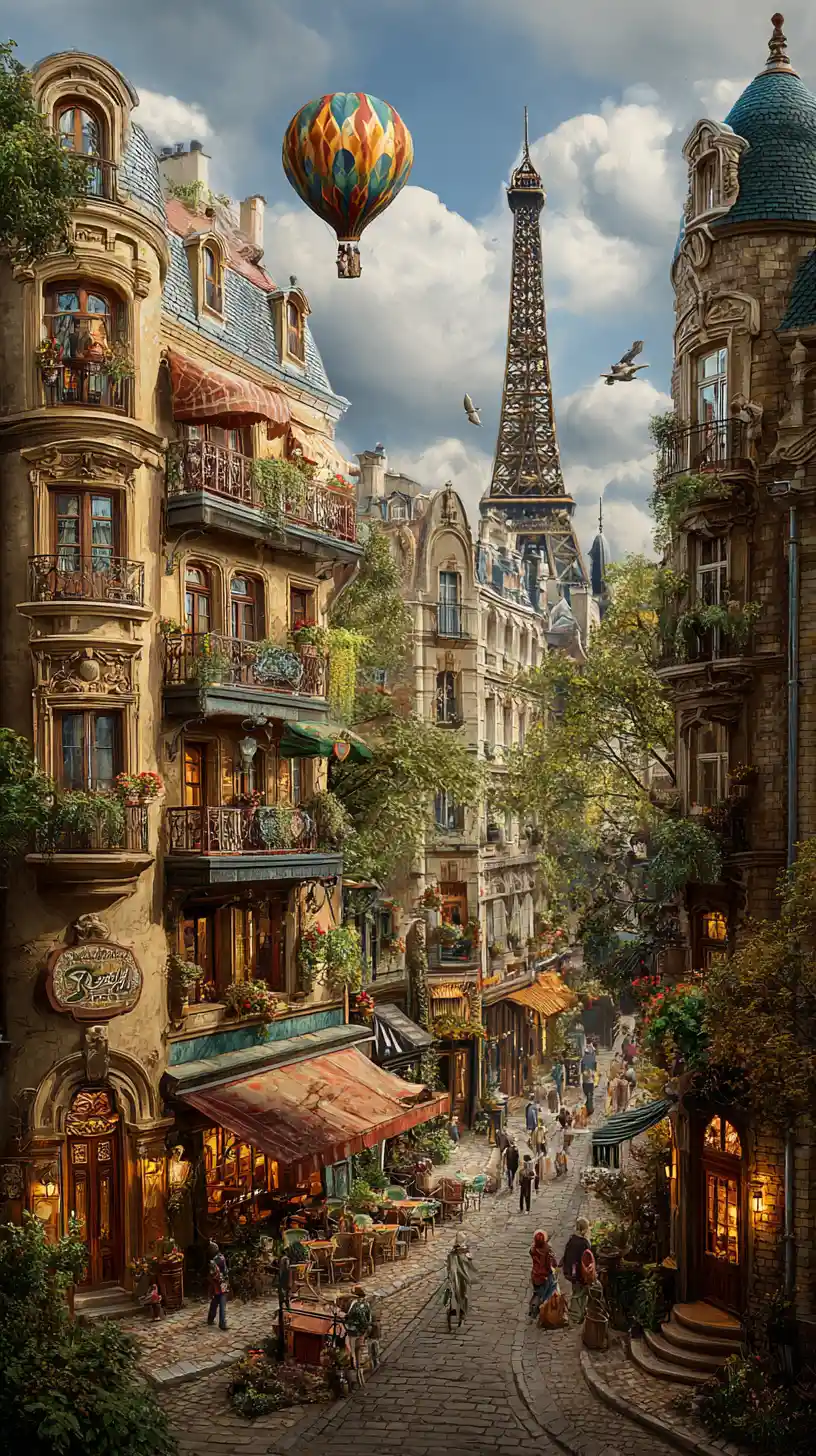 Whimsical Paris street cafe with charming outdoor tables