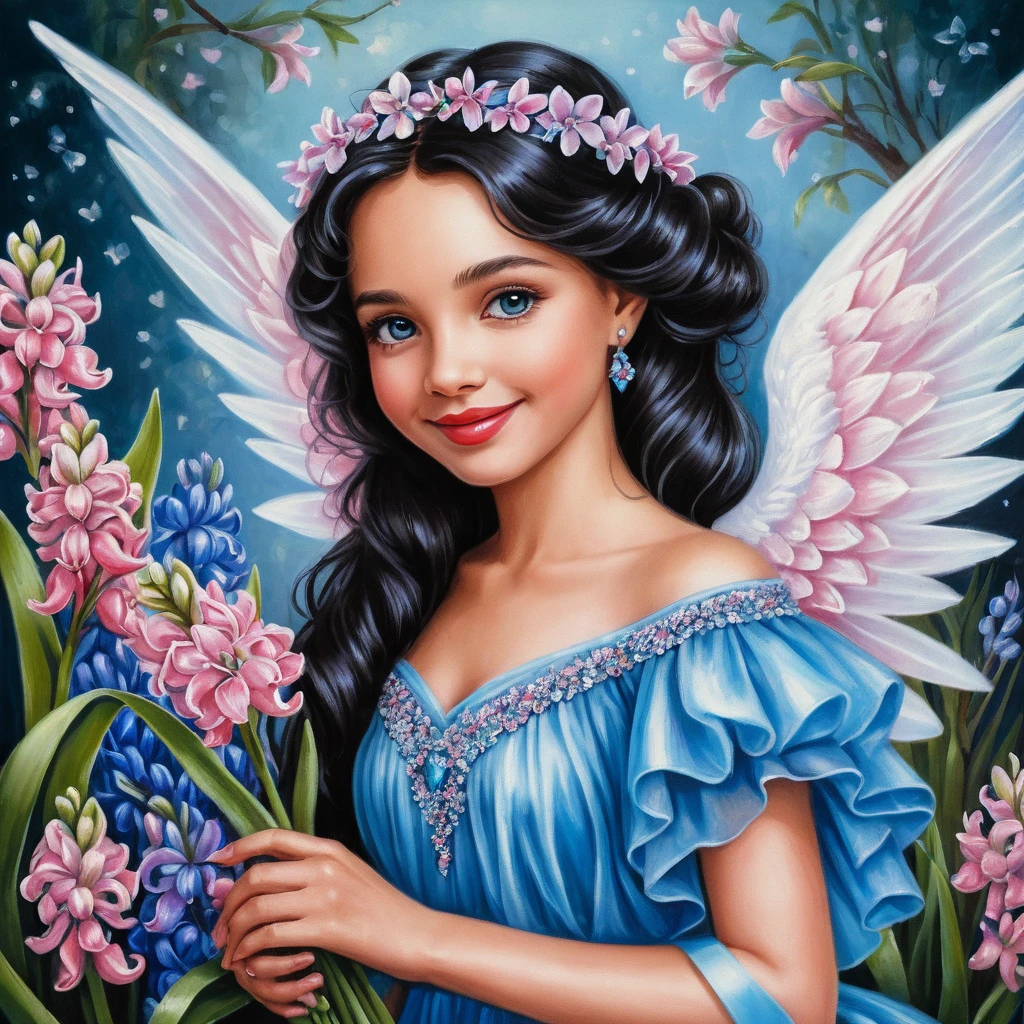 Anjo sorridente de primavera com buquê de jacintos cor-de-rosa