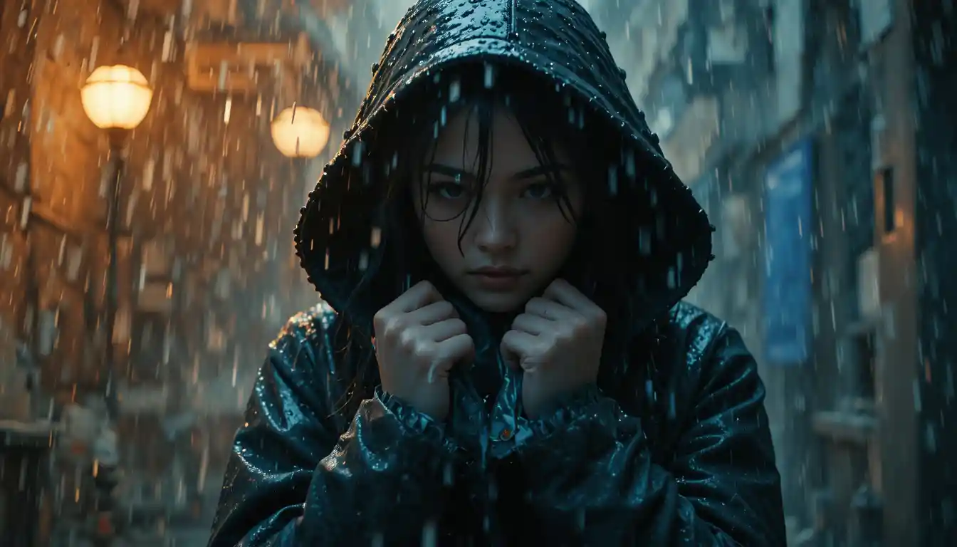 Woman in heavy overcoat under dramatic cinematic rain