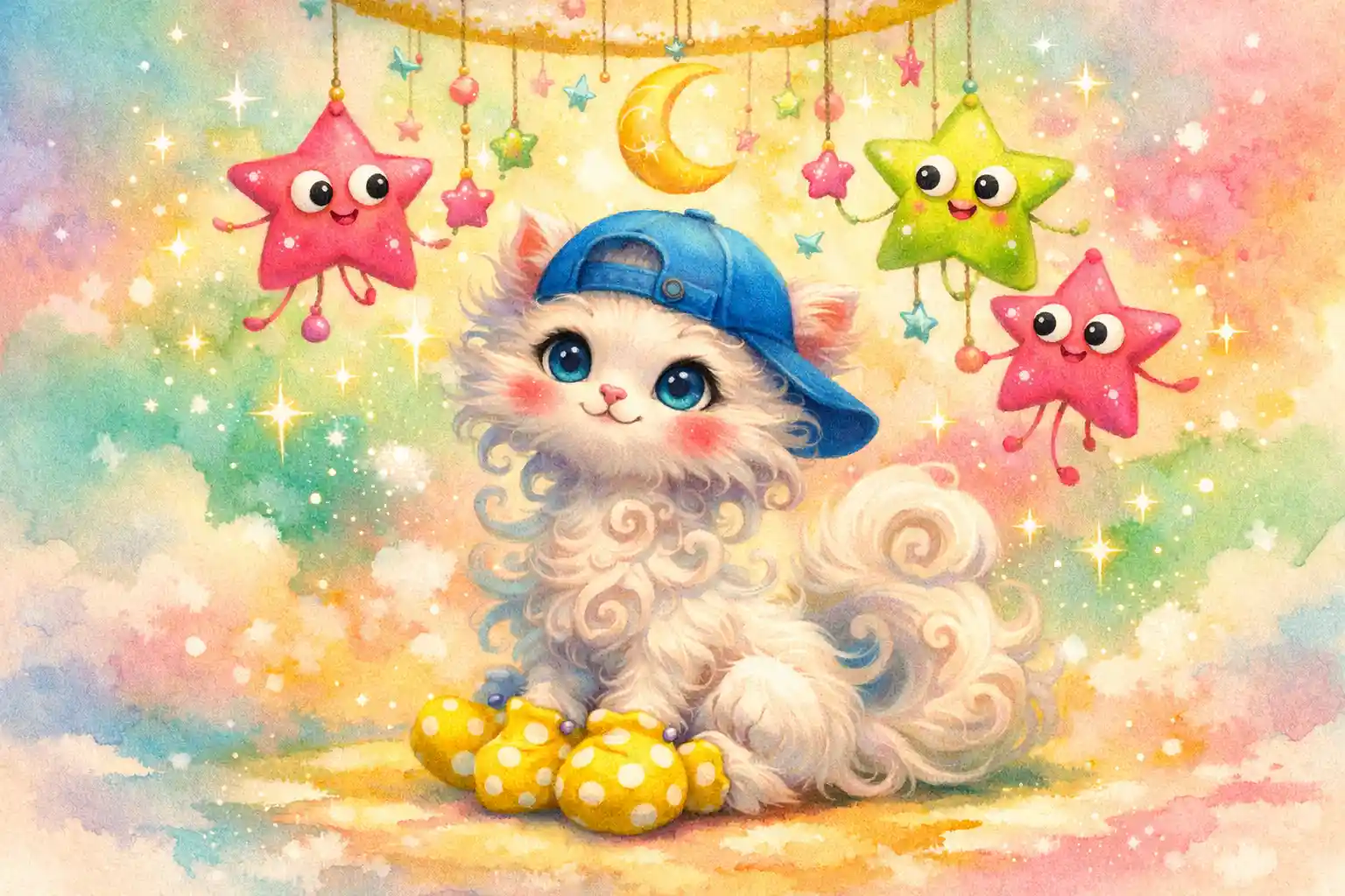 Whimsical baby cat under a dancing starry nursery mobile
