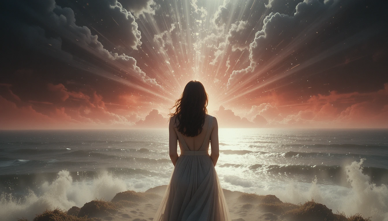 Woman fading into a silver and crimson distant horizon
