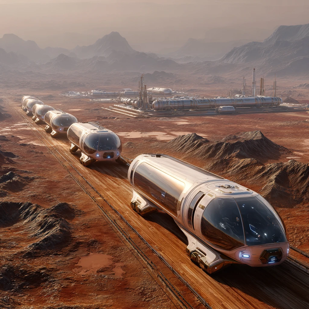 Futuristic transport vehicles crossing vast industrial mars zones