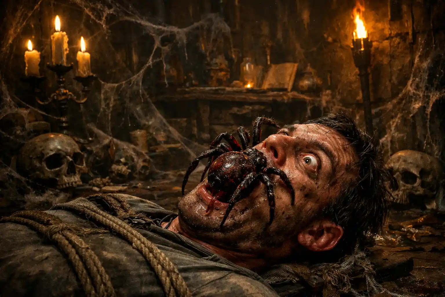 Terrified man bound on floor as giant spider attacks