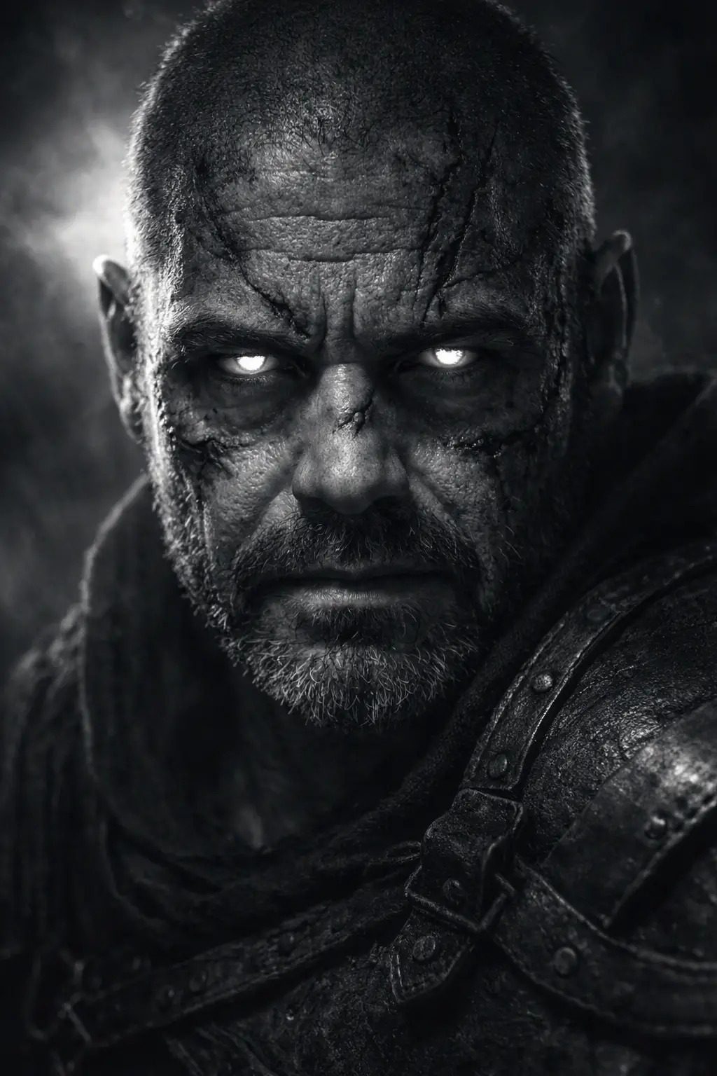 Monochrome Close Up Portrait Of Scarred Orc Warrior