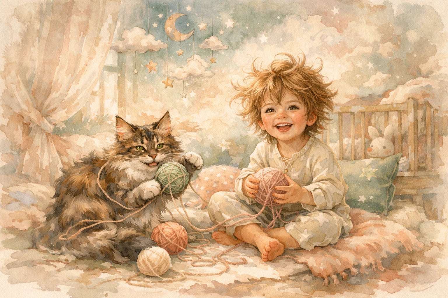 Smiling child and playful cat in a sunlit nursery corner