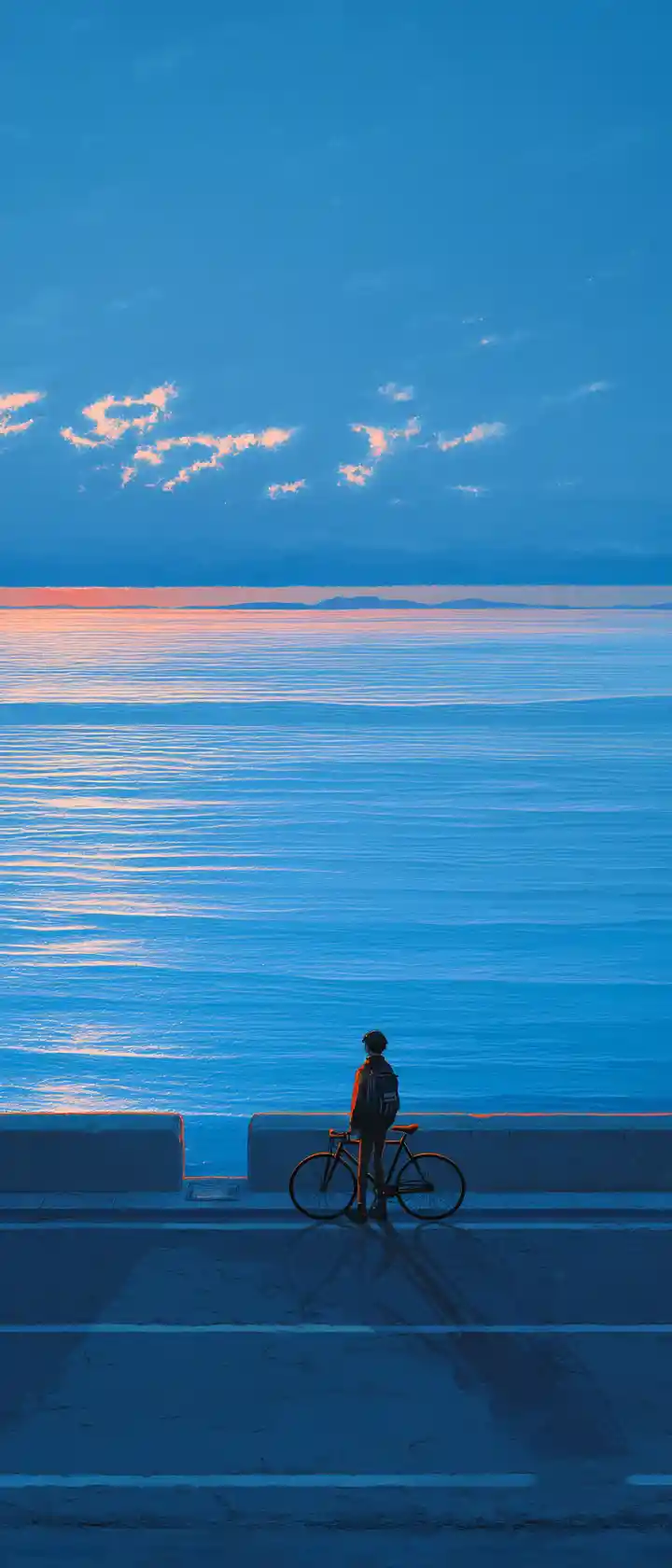 Lone anime cyclist on a quiet coastal road at dawn