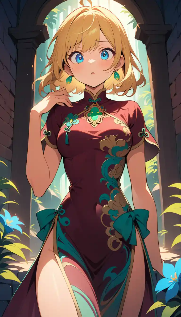 Blonde anime girl in burgundy qipao on sunny terrace