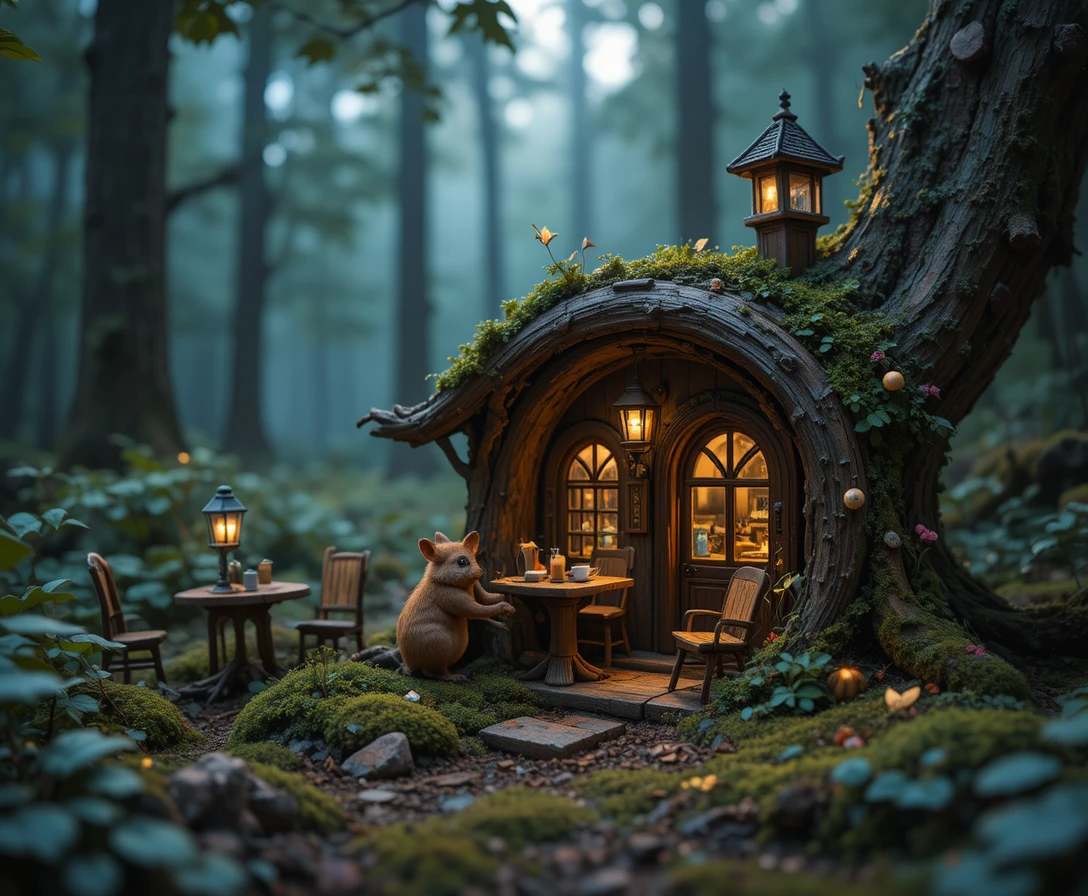 Tiny forest cafe under a tree root at dusk