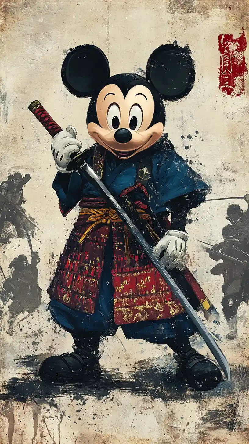 Samurai cartoon warrior holding a katana in painterly style