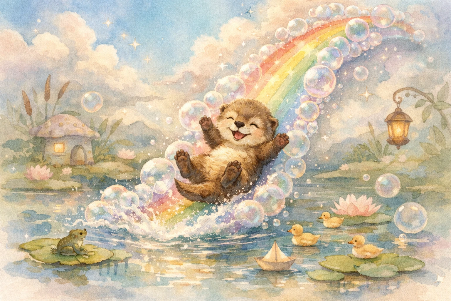 Playful baby otter sliding down a rainbow bubble slide