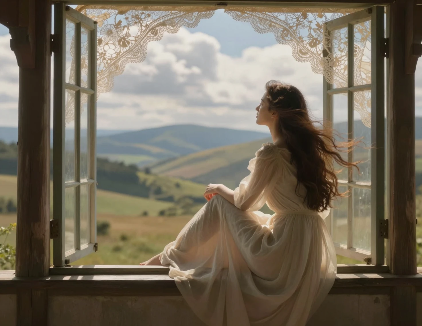 Woman in soft light sitting on a rustic countryside porch
