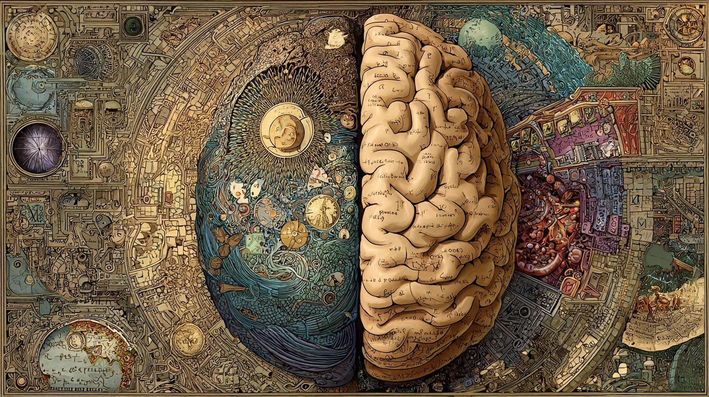 Fantasy brain hemispheres blending logic with creative emotion
