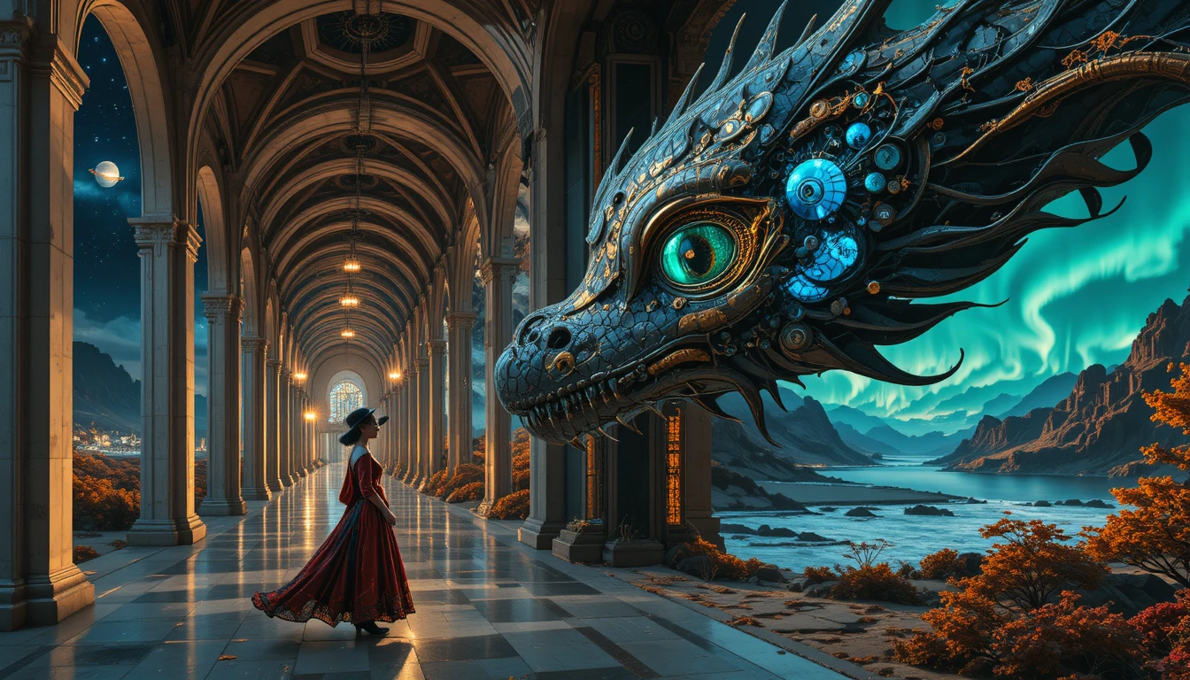 Young woman walking through a surreal gothic memory corridor