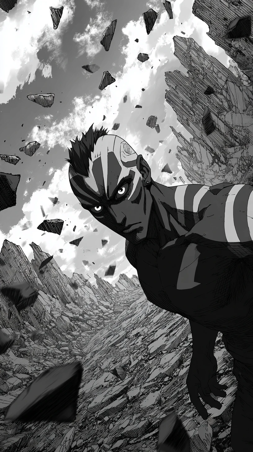 Intense anime man in shattered post apocalyptic landscape
