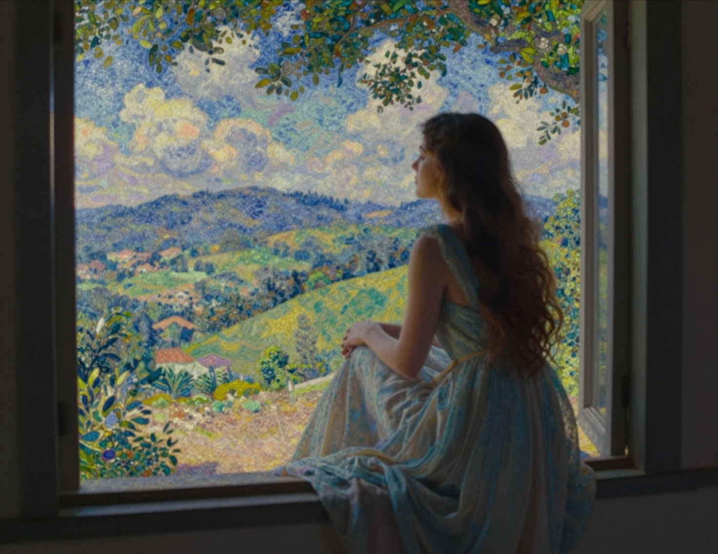 Ethereal woman on a porch in pointillist countryside view