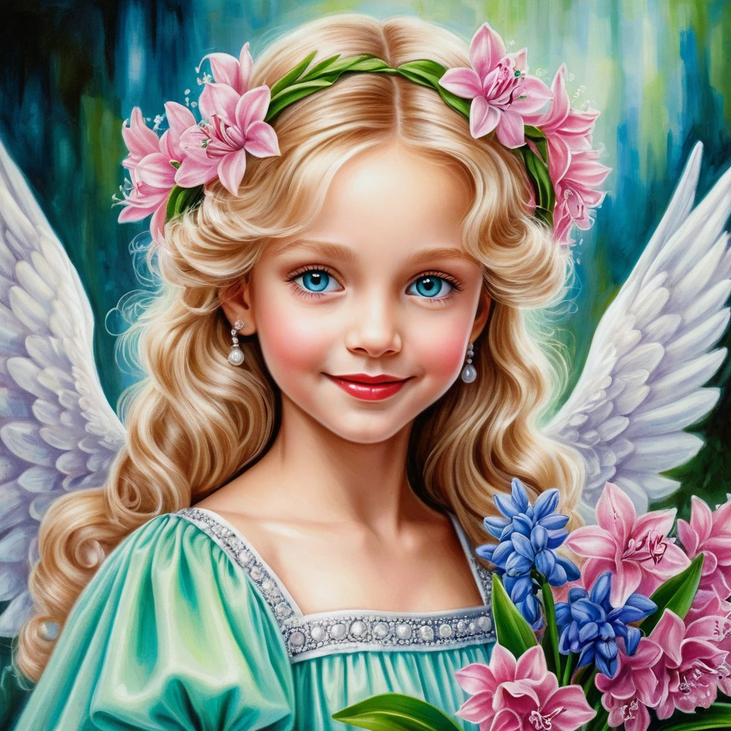 Smiling spring angel girl holding pink hyacinth bouquet