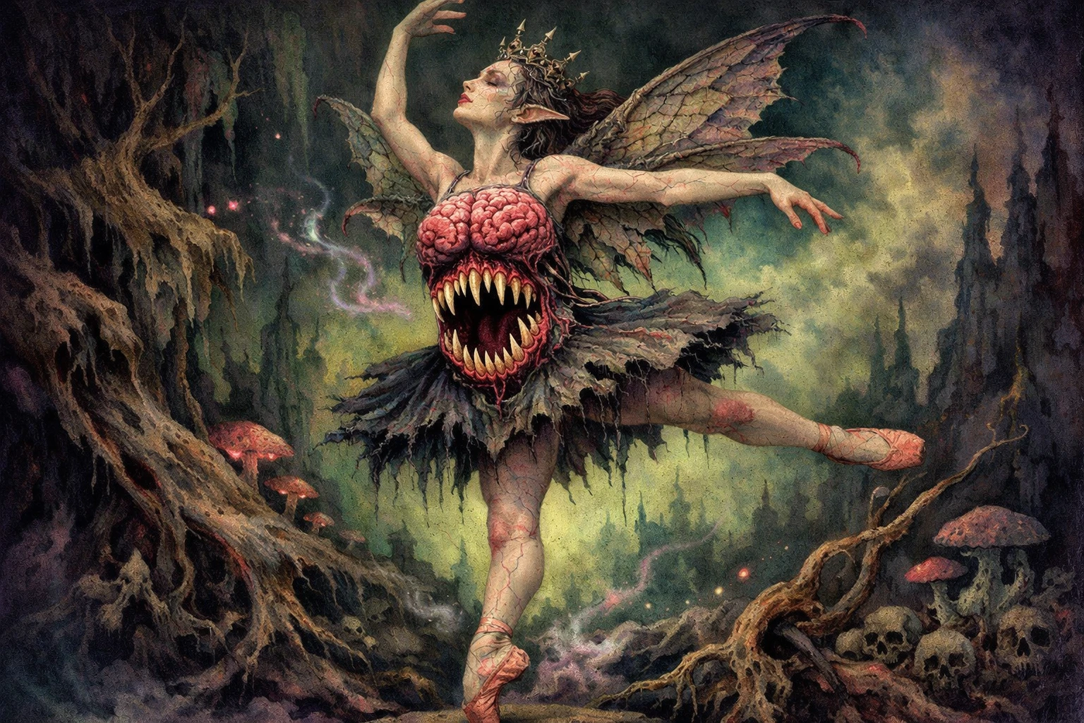 Dark fantasy fairy dancing with monstrous body mutations