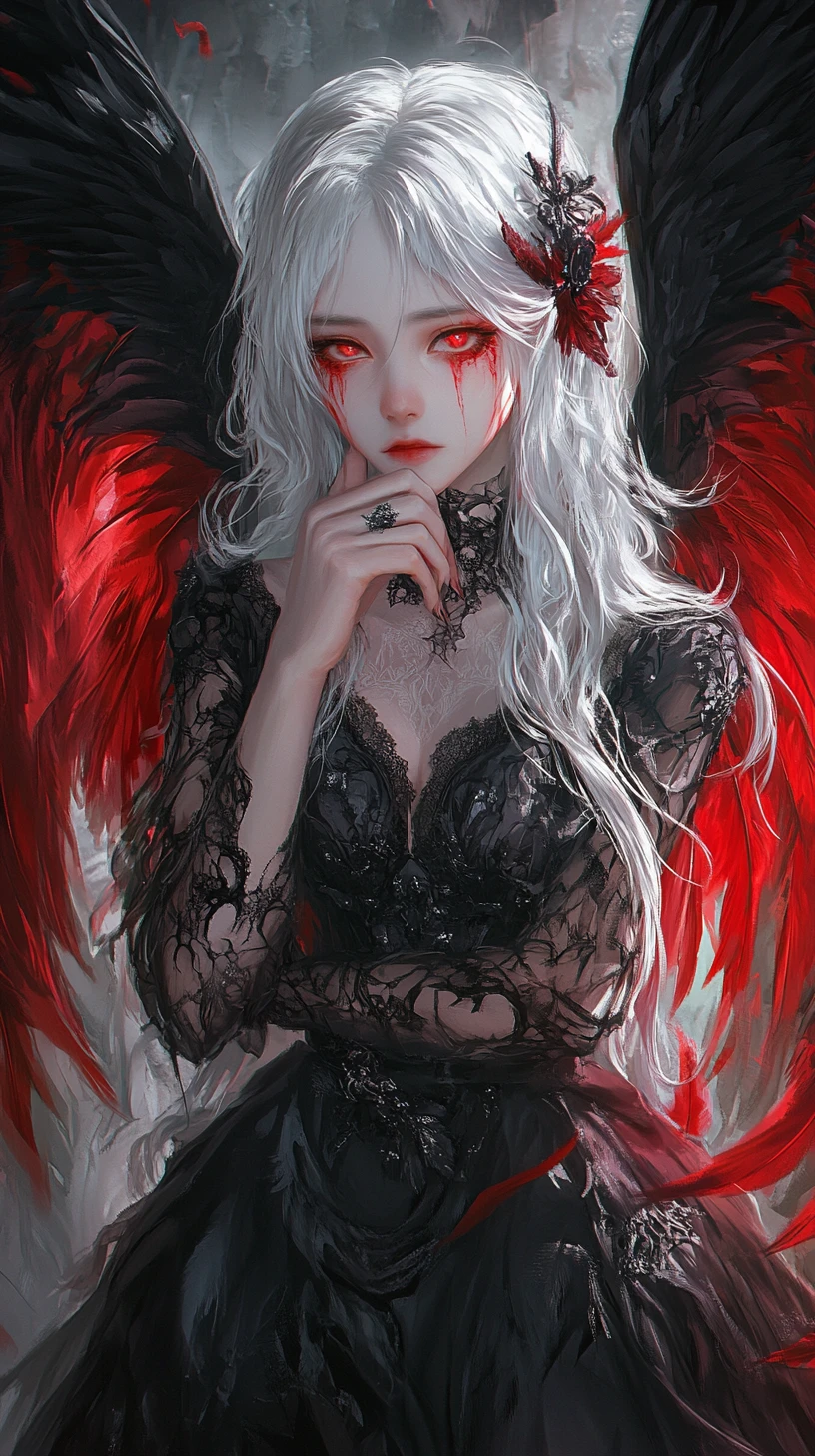 Ragazza anime gotica con ali rosse e sguardo malinconico