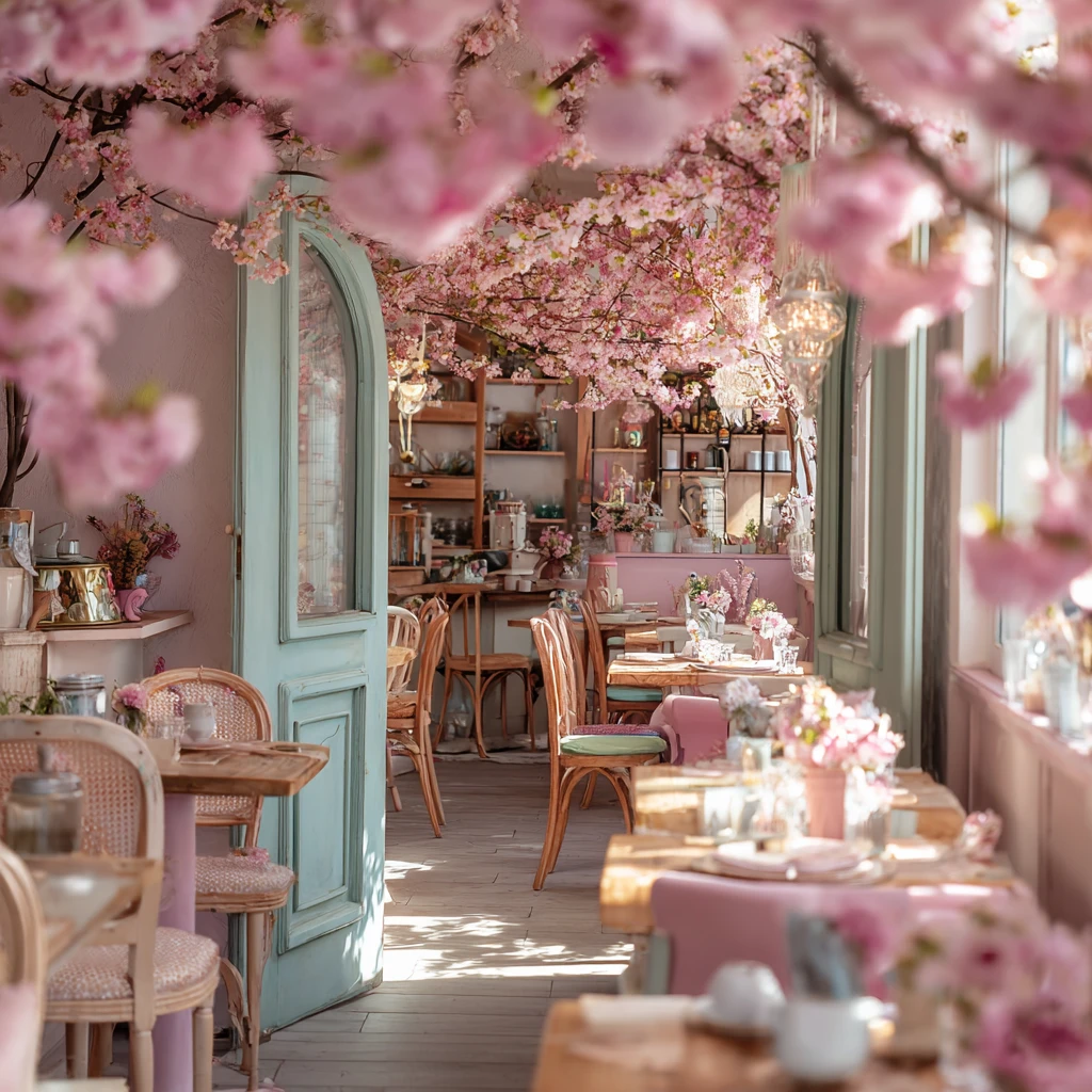 Dreamy pink blossom cafe with vintage floral tables